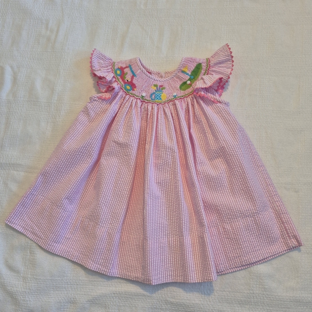 Claire & Charlie 9 months smocked pink & white seersucker golf design VGUC